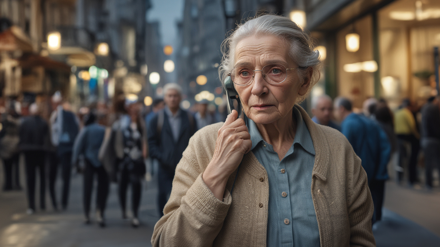 Una donna anziana è in piedi sulla strada e sta parlando al telefono