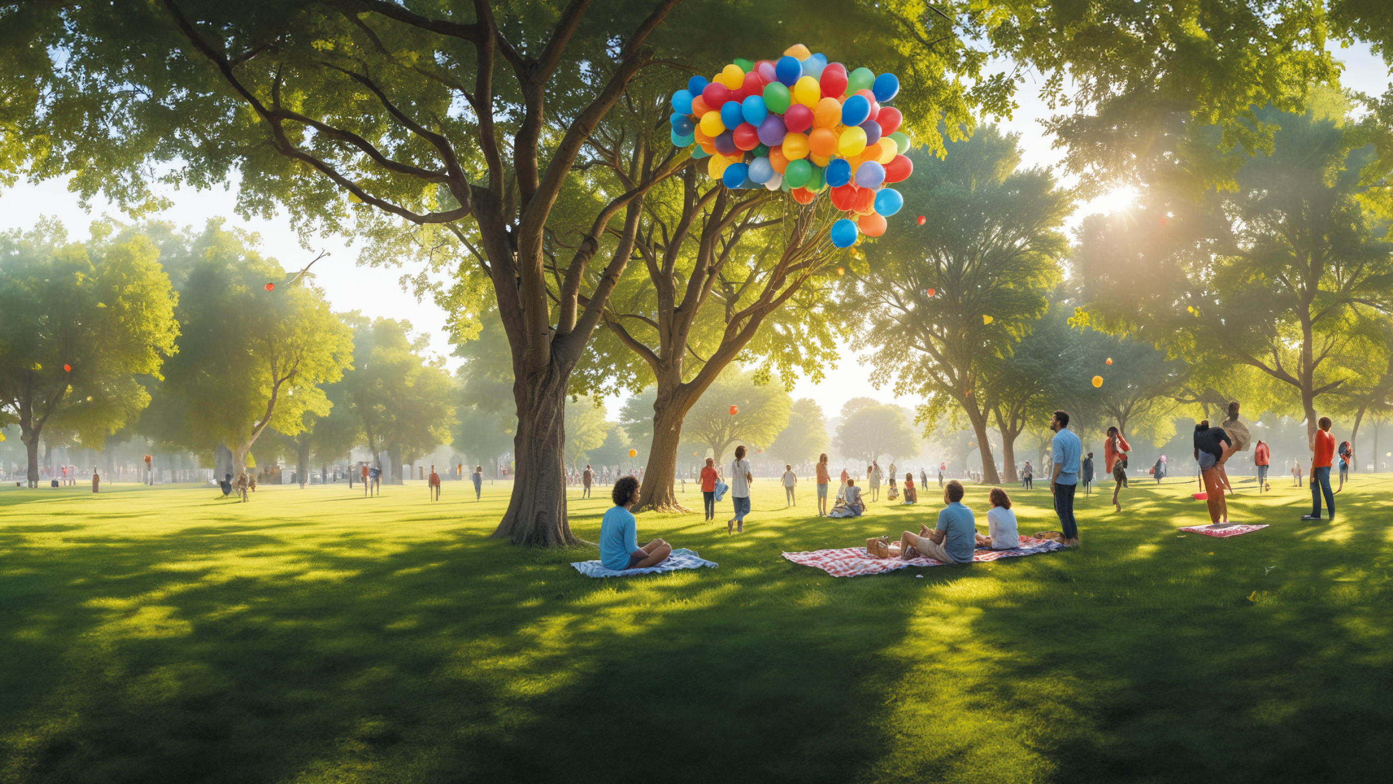 De nombreuses personnes sont assises sur des couvertures de pique-nique dans un parc verdoyant avec de grands arbres et regardent les ballons dans le ciel